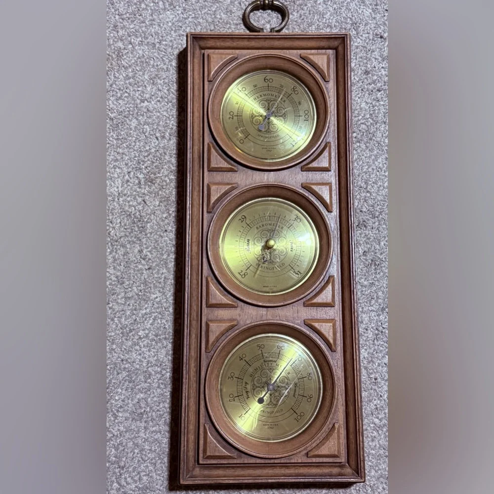 Triple Gauge Wall Weather Station in Brown Wood with Gold Dials